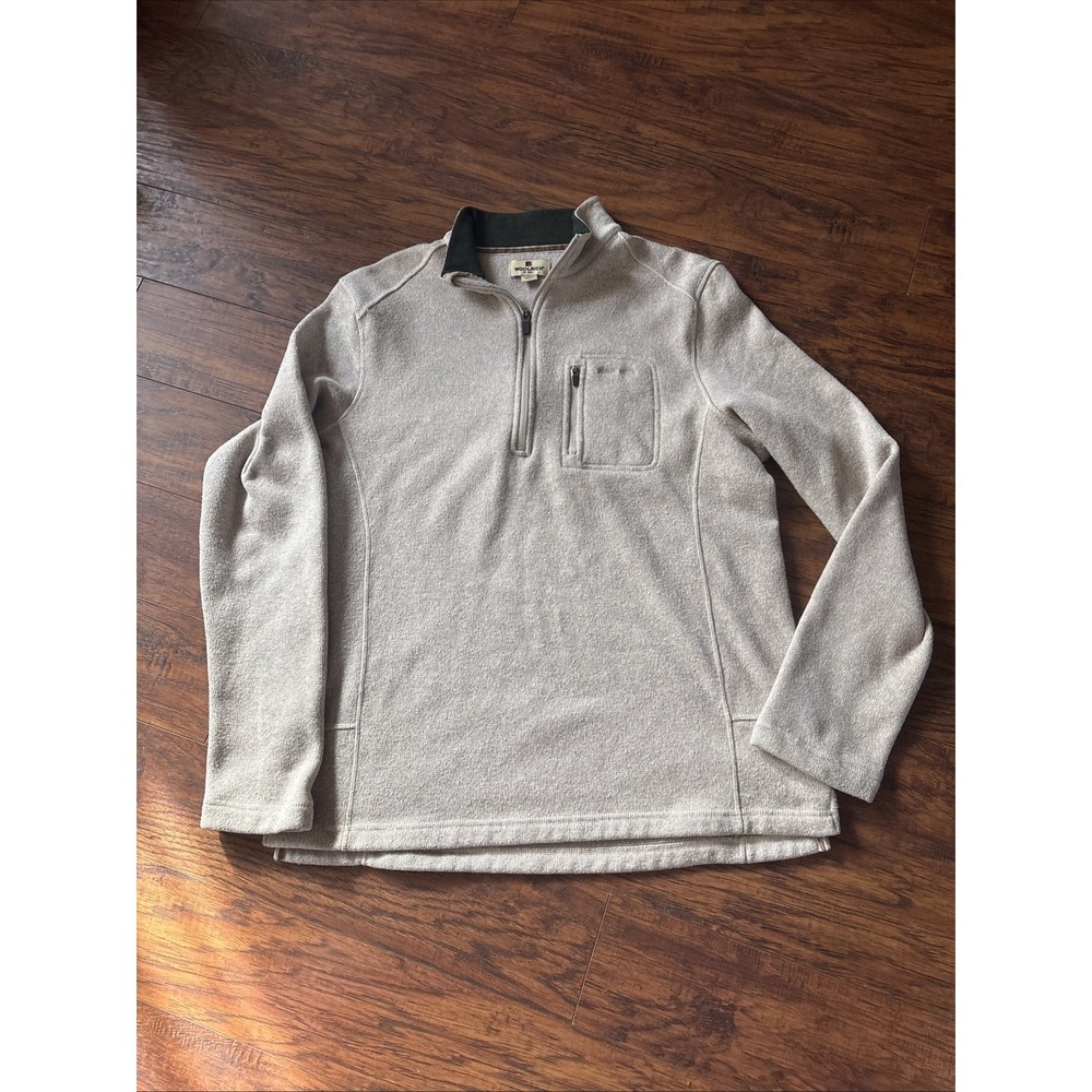 Woolrich Mens Large Beige Heathered 1/4 Zip Pocket Fleece Pullover Sweater